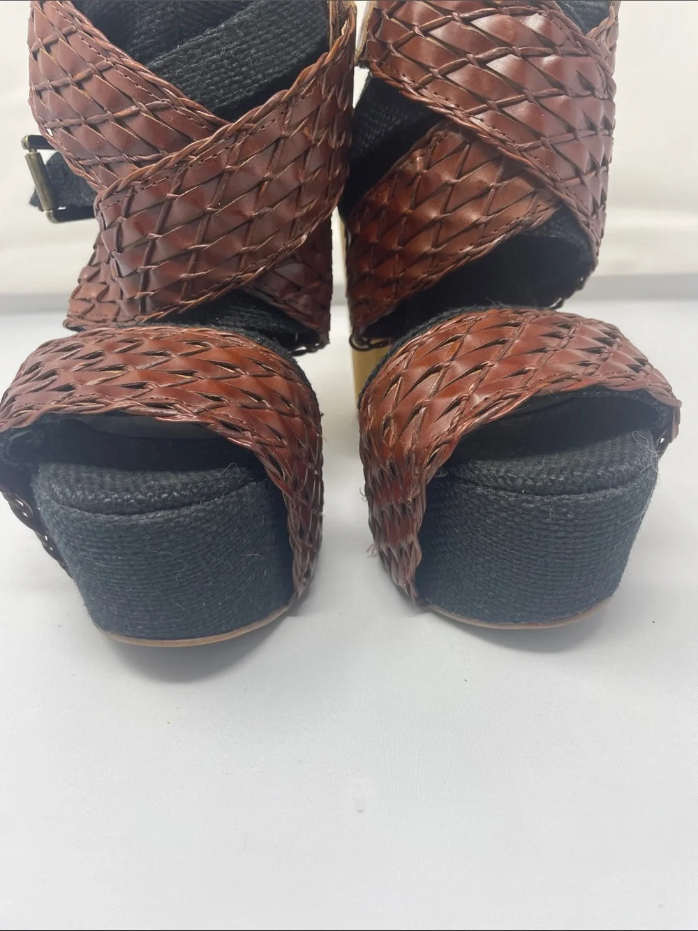 Jeffrey Campbell Handmade Havana Last Braided Brown Wrap Platform Wood Heels